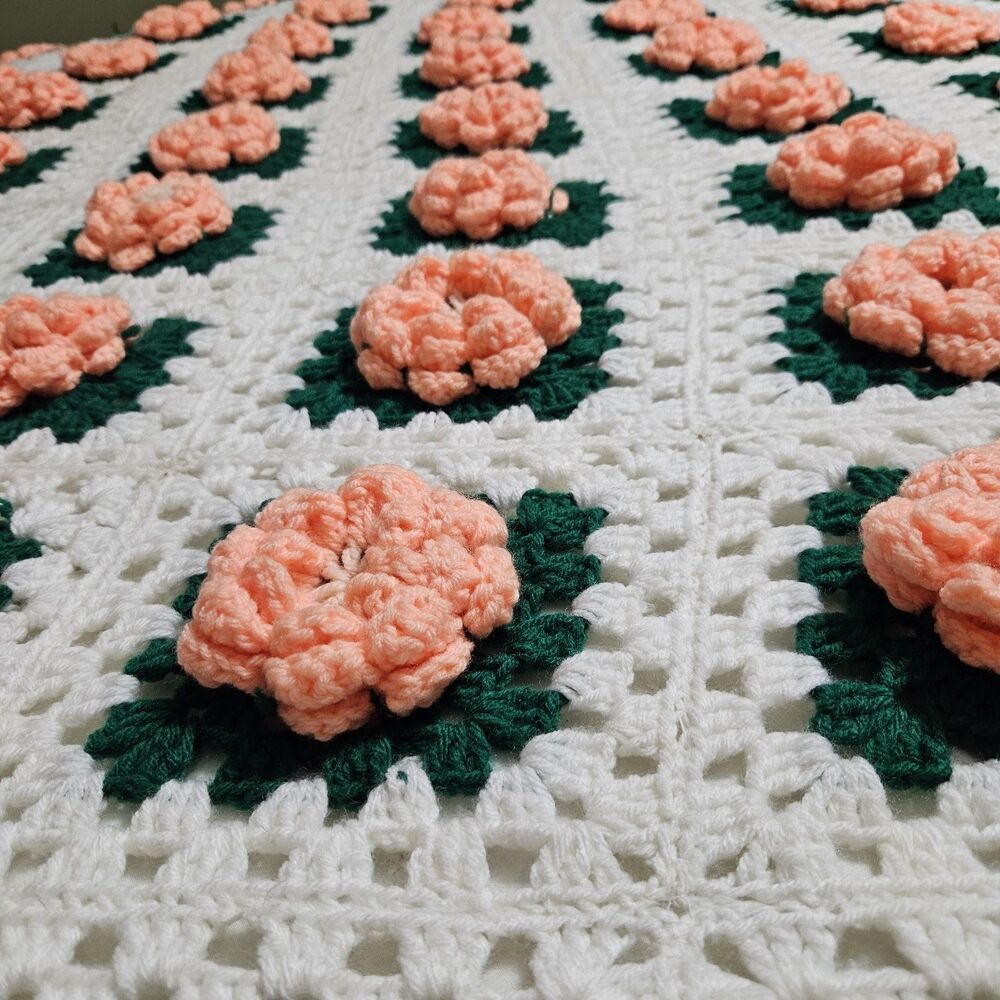 Vintage Handmade Crochet 3D Rose Granny Square Afghan Throw Blanket 108" x 66”